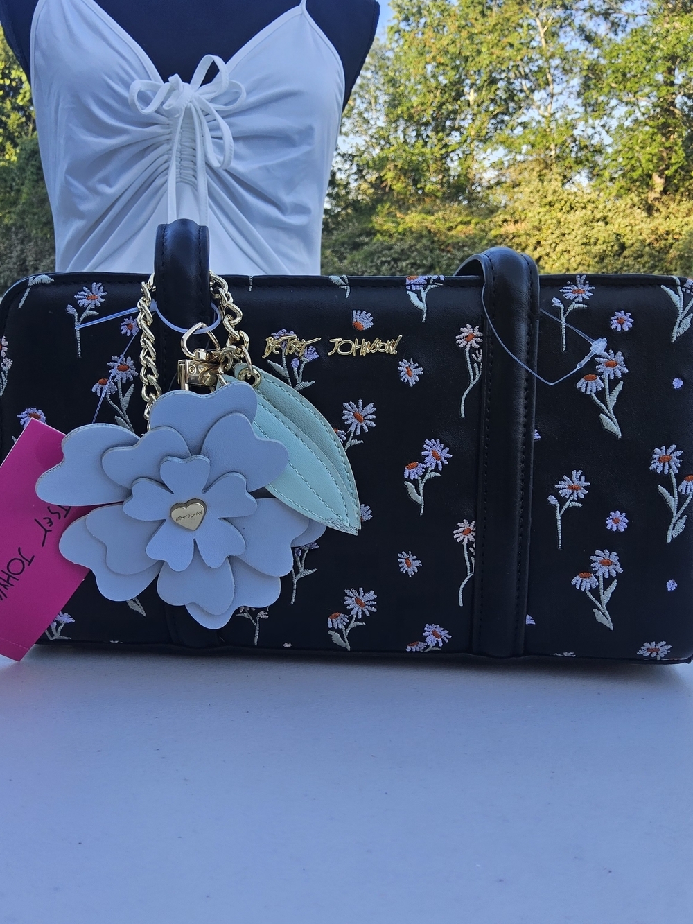 NWT-Betsey Johnson Black Floral Satchel with Light Blue Flower Charm